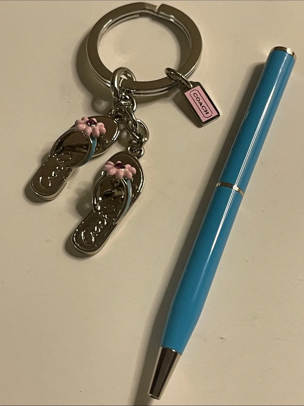 COACH Flip Flop Charm Keychain with Pink Flower Accents and Coach Pen